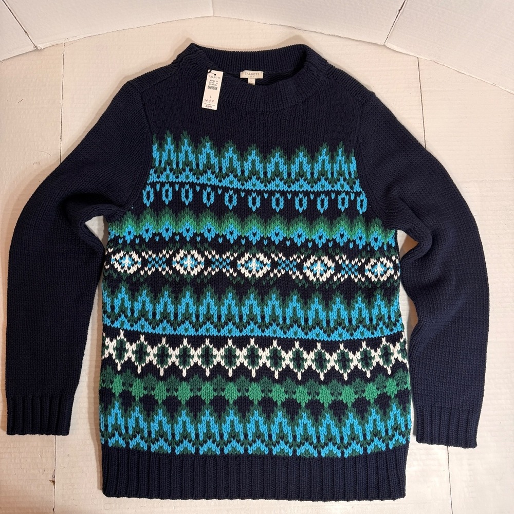 Talbots Women's L Sweater Chamonix Fair Isle preppy chunky knit navy classic NEW